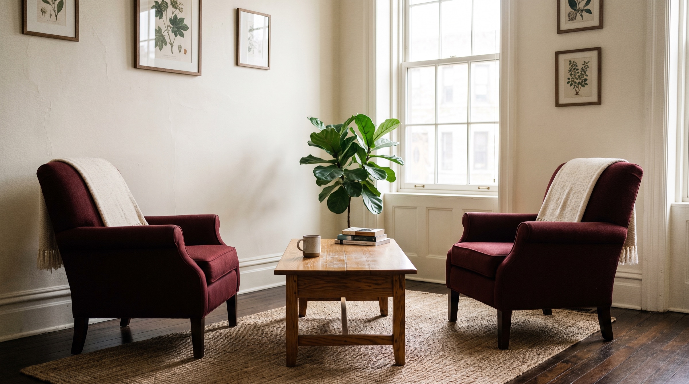A consultation room in warm afternoon light, two chairs facing each other